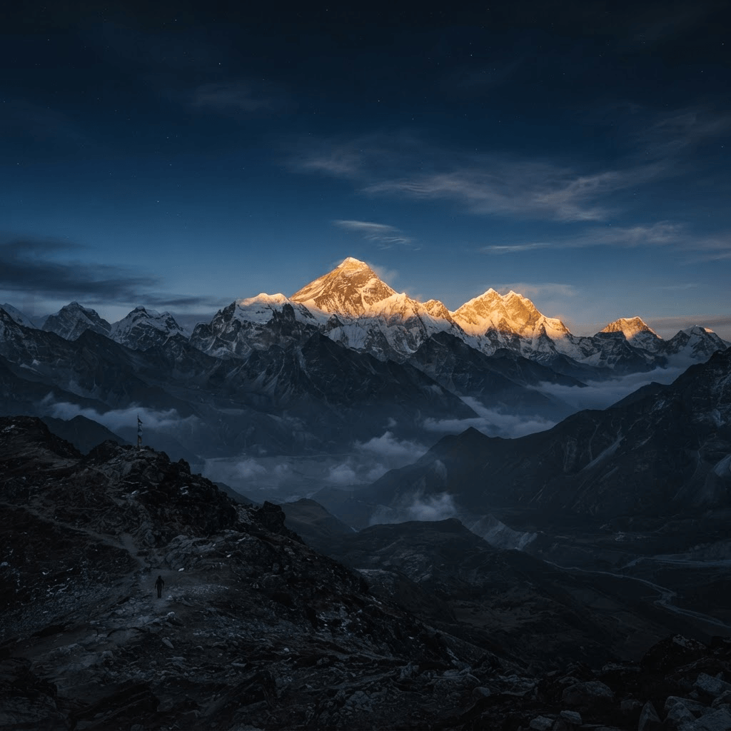 Sunlit Himalayan summit above a dark Tibetan ridge line at dawn