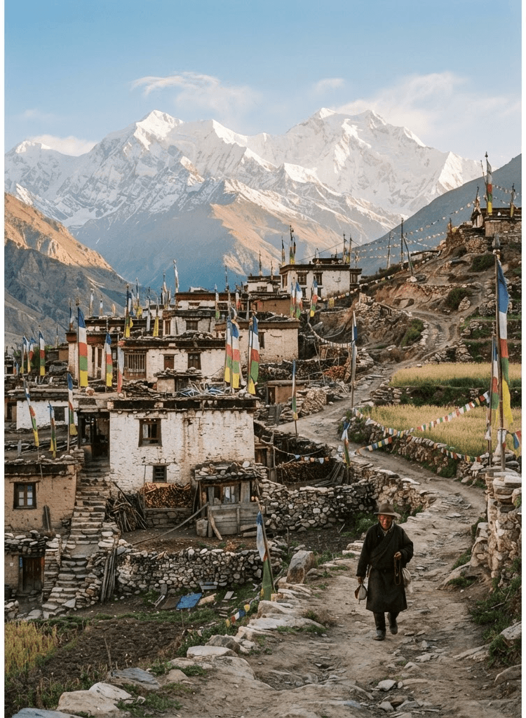 Traditional Tibetan village beneath snow-covered Himalayan peaks