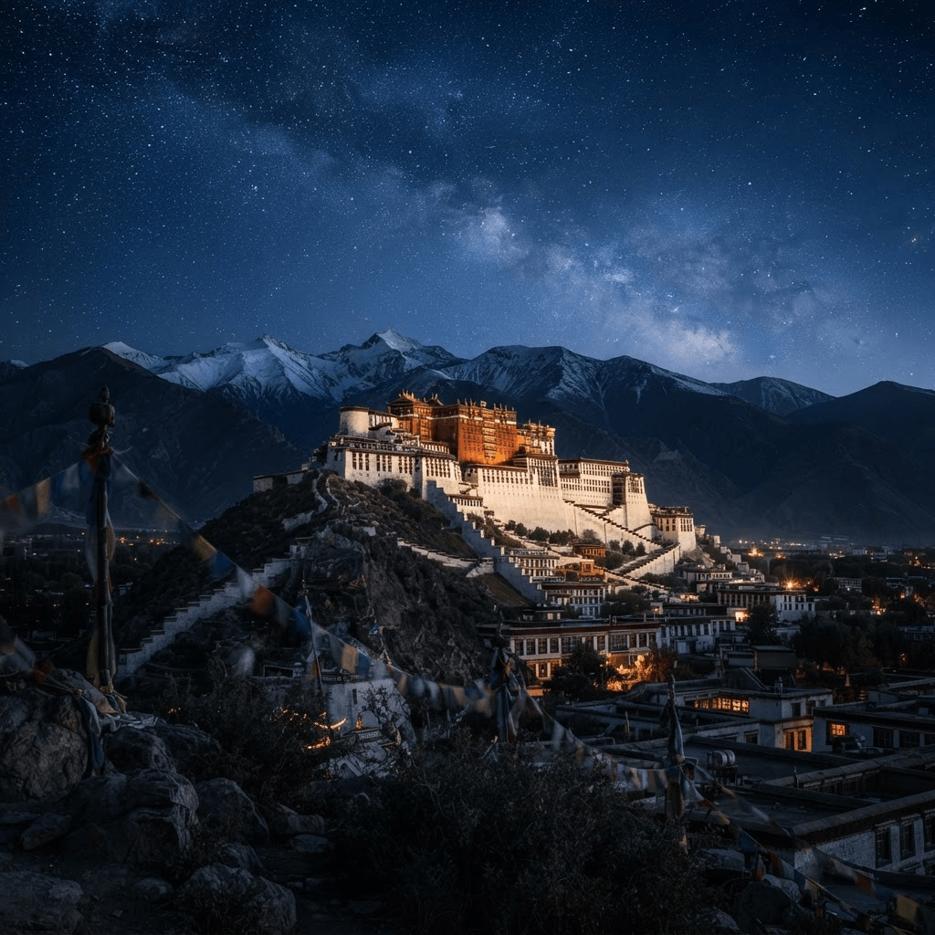 The Potala Palace in Lhasa beneath a starry Himalayan night sky