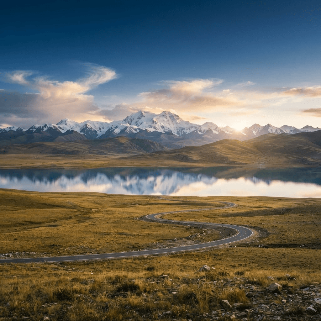The vast Tibetan plateau at dawn with snow-capped Himalayan peaks and a sacred lake