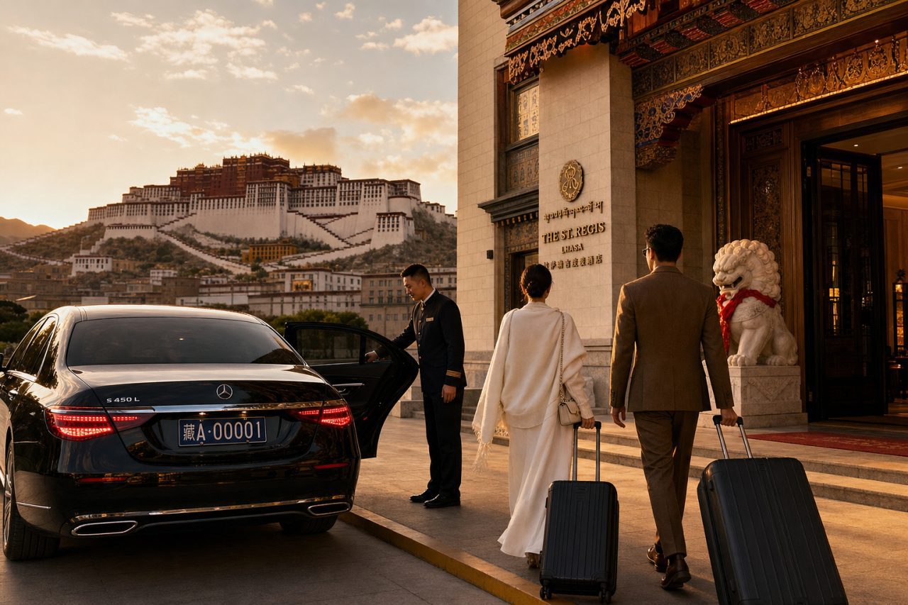 A honeymoon couple arriving at a luxury hotel in Lhasa with a private vehicle and the Potala Palace in the distance.