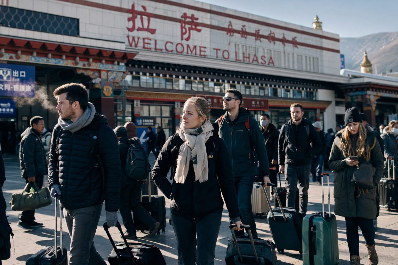 Foreign travelers arriving in Lhasa and meeting a local tour representative before starting a Tibet trip
