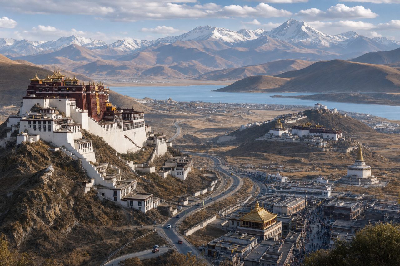 Potala Palace in Lhasa seen from street level on a clear day, representing one of Tibet's main cultural attractions.