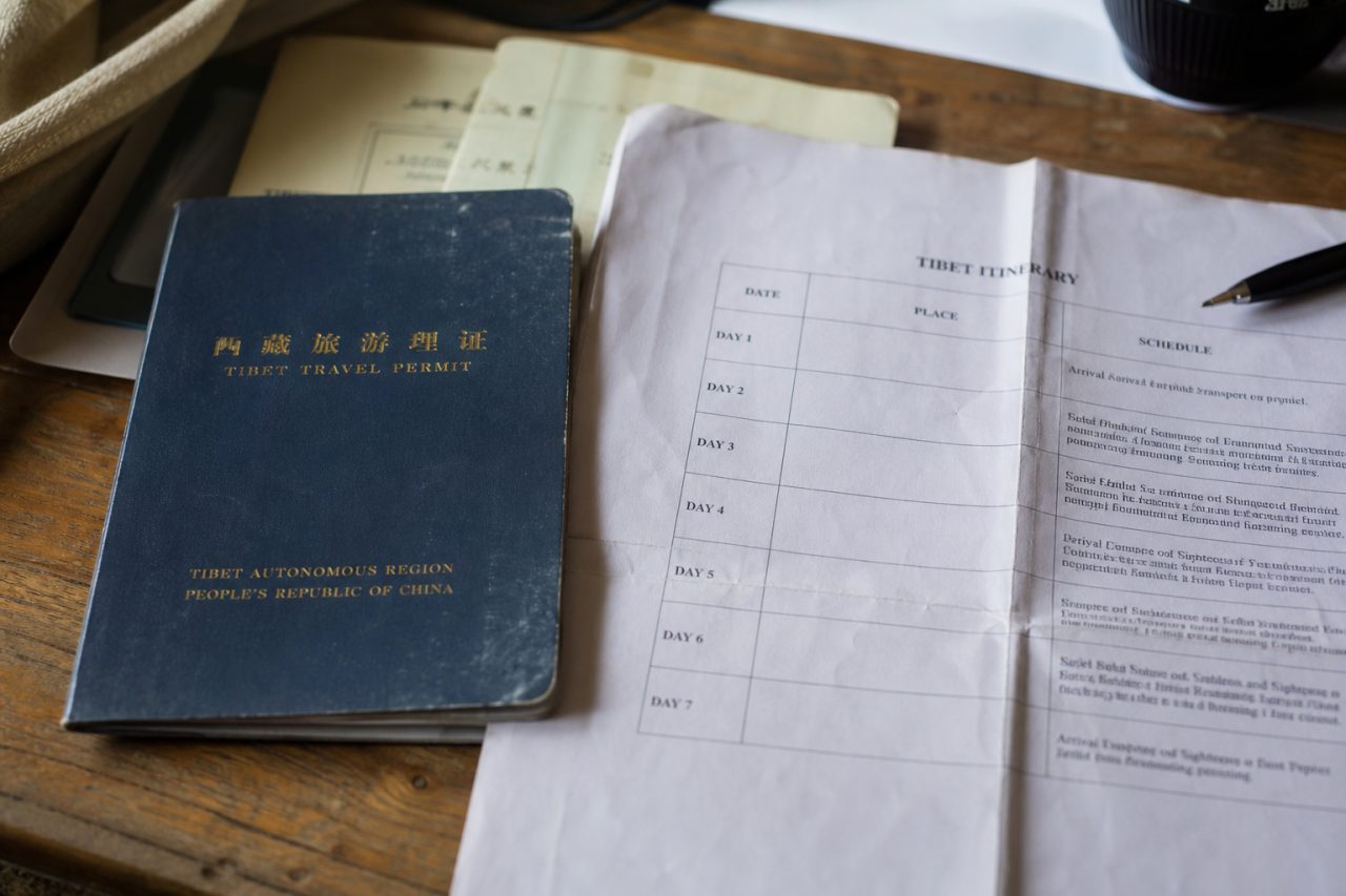 Tibet permit documents and route map before departure