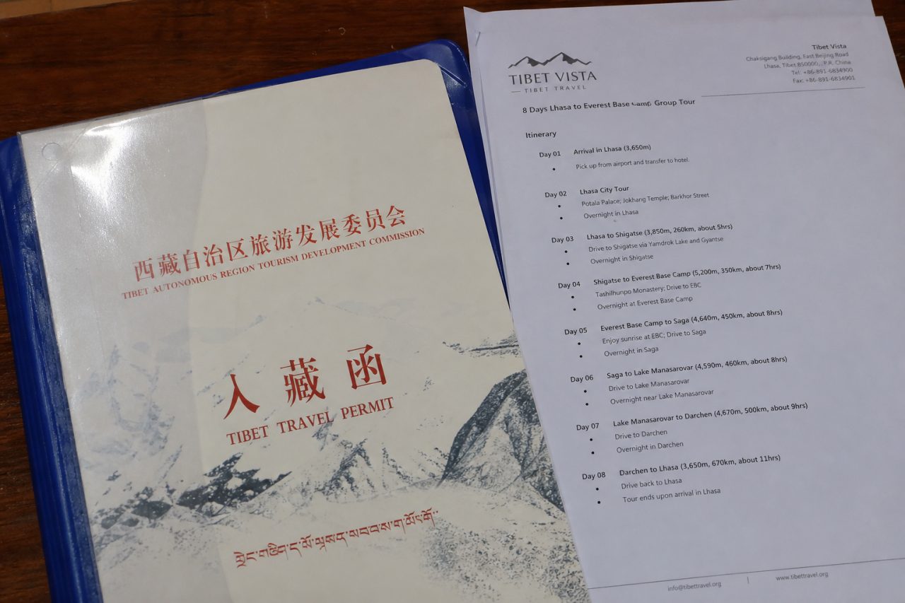 Tibet permit documents and route map before departure