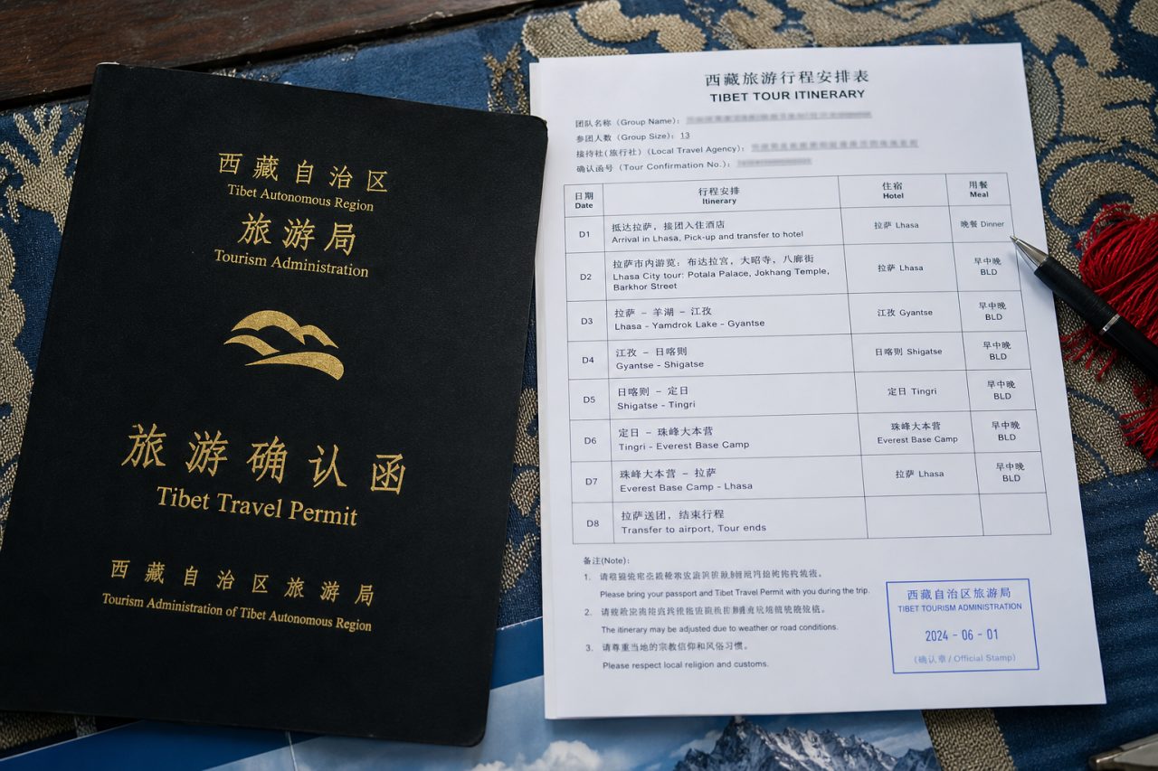 Tibet permit documents and route map before departure