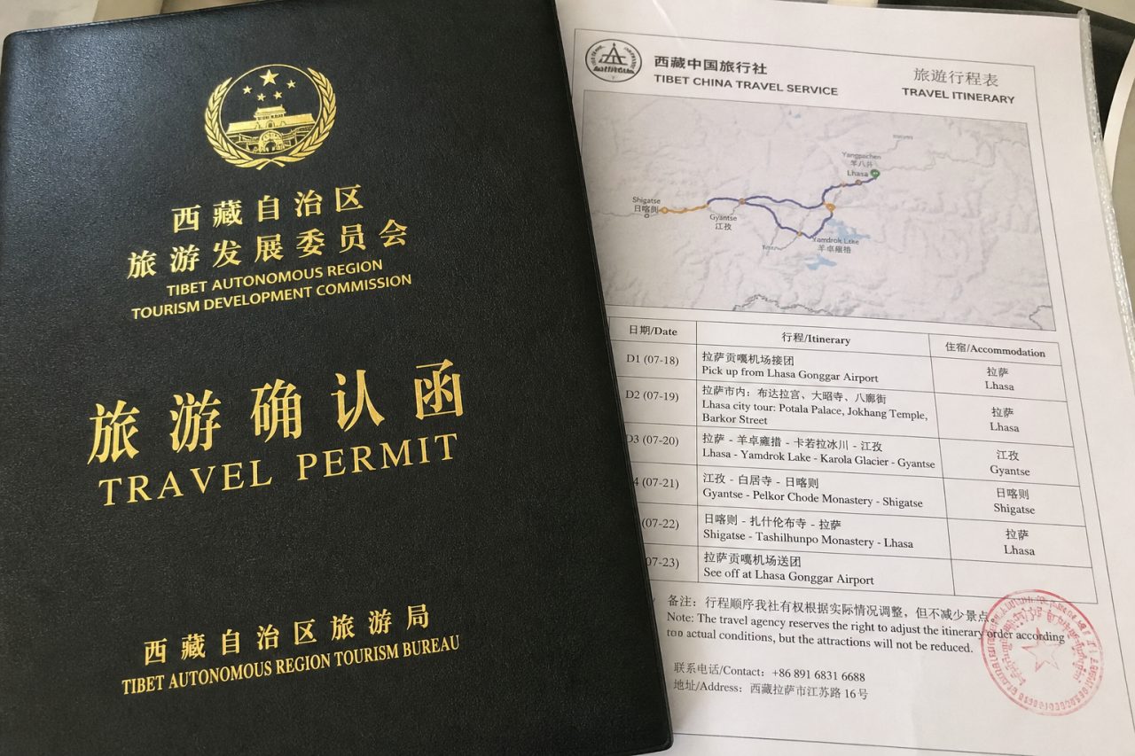 Tibet permit documents and route map before departure
