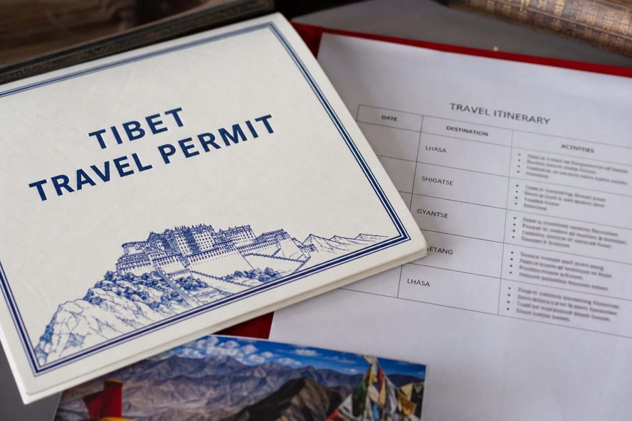 Tibet permit documents and route map before departure