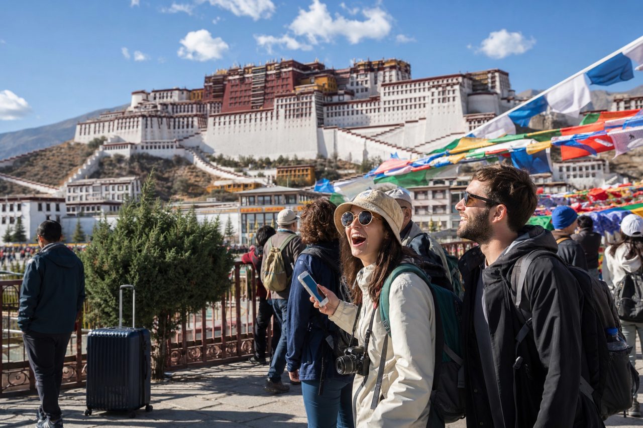 Travelers on a guided Tibet package stop at a viewpoint overlooking the Potala Palace in Lhasa.