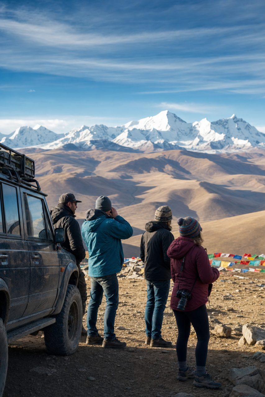 Travelers on a week-long Tibet overland route stopping at a mountain viewpoint between Lhasa and western Tibet