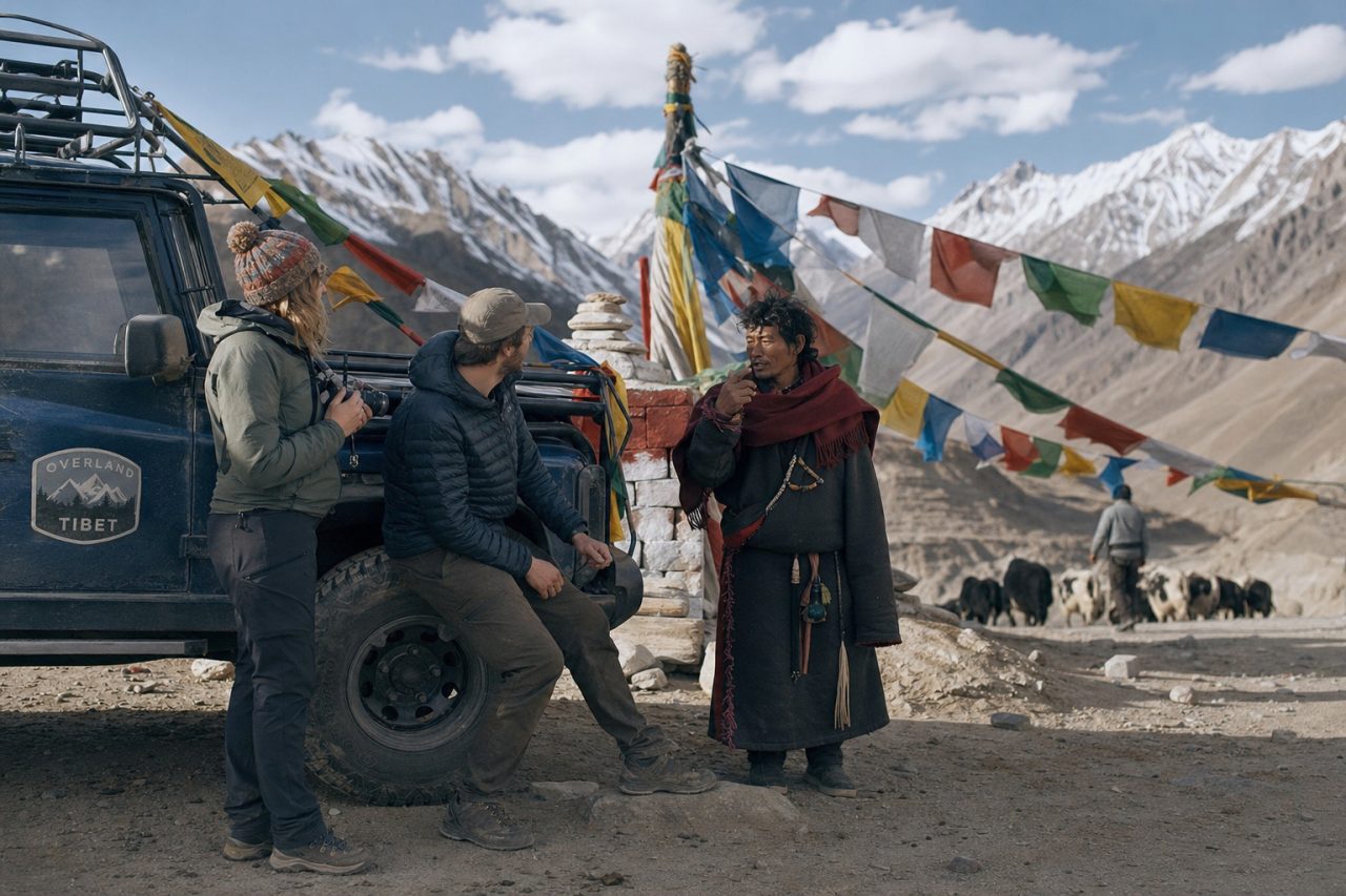 Travelers overlooking Yamdrok Lake during a multi-day Tibet overland itinerary from Lhasa toward western Tibet